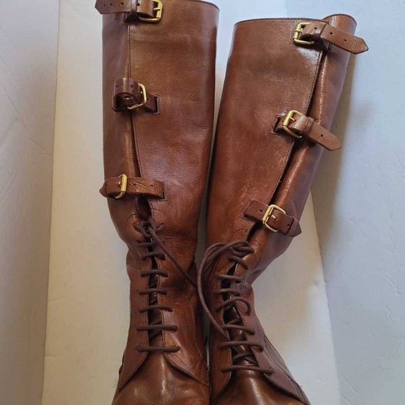 Burberry Womens Riding Boots Brown Leather Buckles Knee High Flat Lace U… - Picture 4 of 12